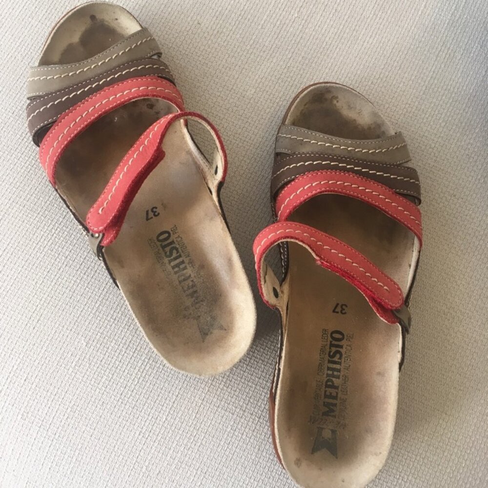 Mephisto multicolor Nubuck slip-on sandals with cork sole, hook and loop strap